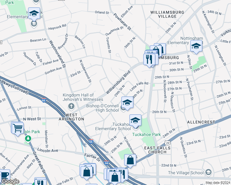 map of restaurants, bars, coffee shops, grocery stores, and more near 6607 29th Street North in Arlington