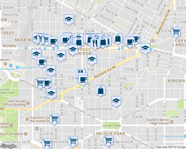 map of restaurants, bars, coffee shops, grocery stores, and more near 918 Maryland Avenue Northeast in Washington