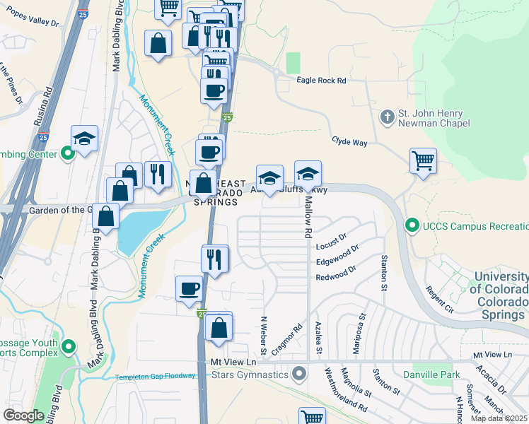 map of restaurants, bars, coffee shops, grocery stores, and more near 4803 North Weber Street in Colorado Springs