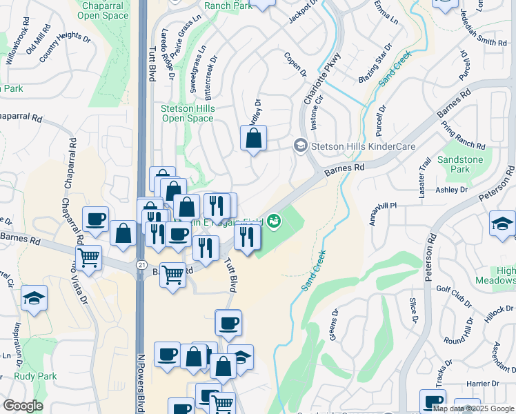 map of restaurants, bars, coffee shops, grocery stores, and more near 6250 Barnes Road in Colorado Springs