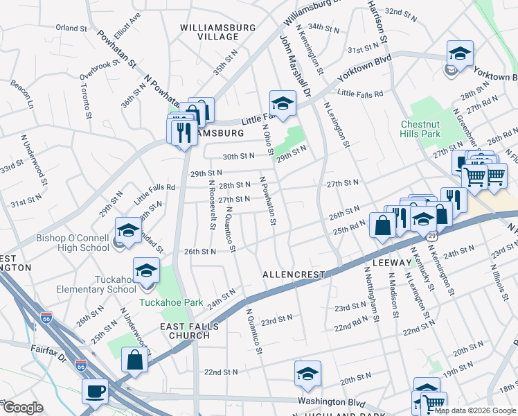 map of restaurants, bars, coffee shops, grocery stores, and more near 6215 26th Road North in Arlington