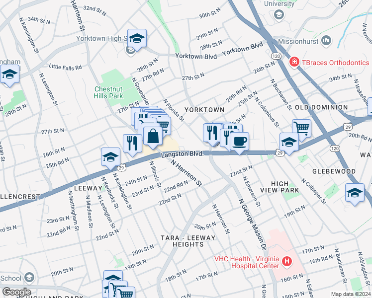 map of restaurants, bars, coffee shops, grocery stores, and more near 2305 North Greenbrier Court in Arlington
