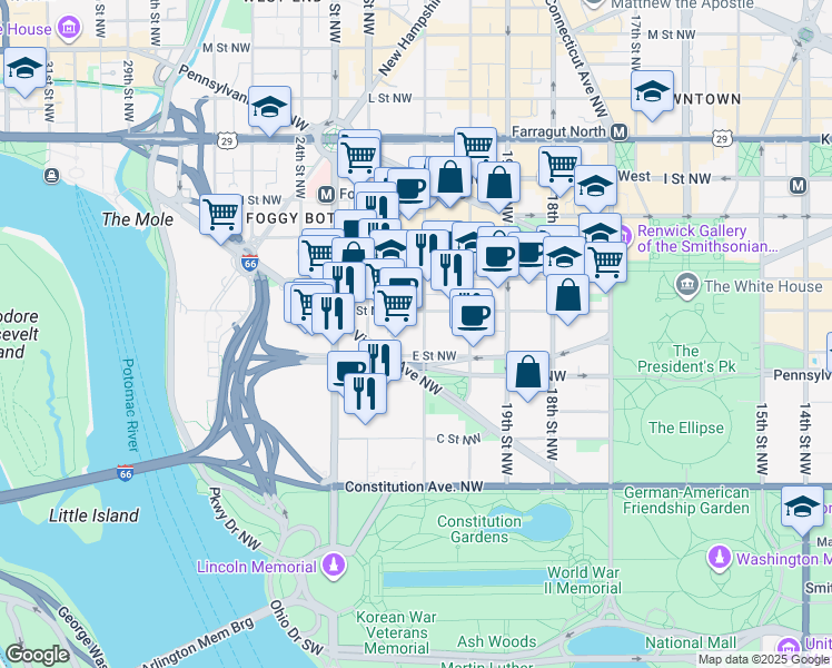 map of restaurants, bars, coffee shops, grocery stores, and more near 101 Independence Avenue Southeast in Washington