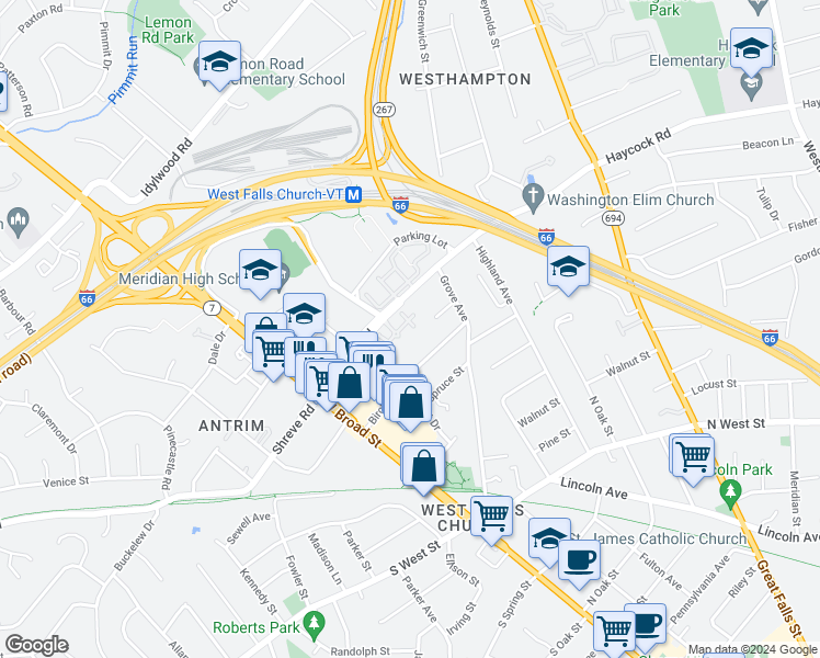 map of restaurants, bars, coffee shops, grocery stores, and more near 7027 Haycock Road in Falls Church