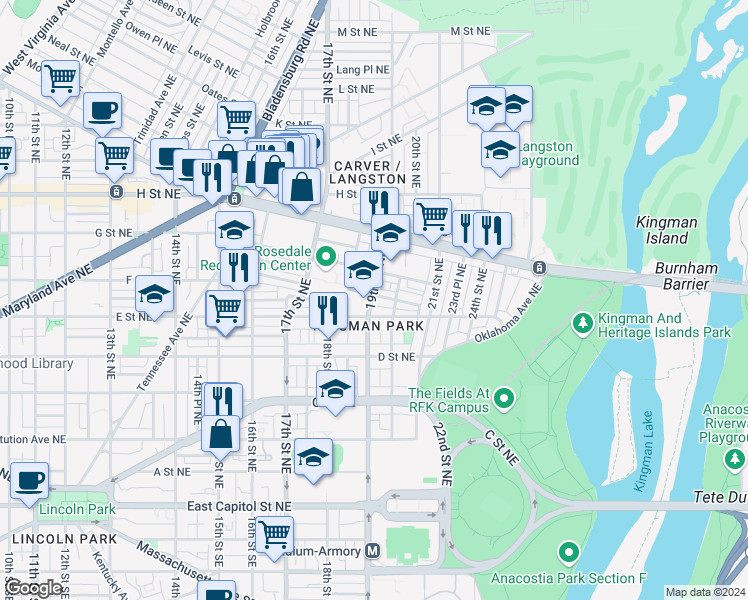 map of restaurants, bars, coffee shops, grocery stores, and more near 1901 Rosedale Street Northeast in Washington