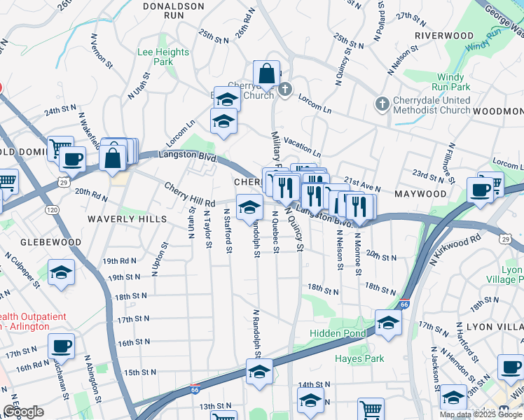 map of restaurants, bars, coffee shops, grocery stores, and more near 4082 Cherry Hill Road in Arlington