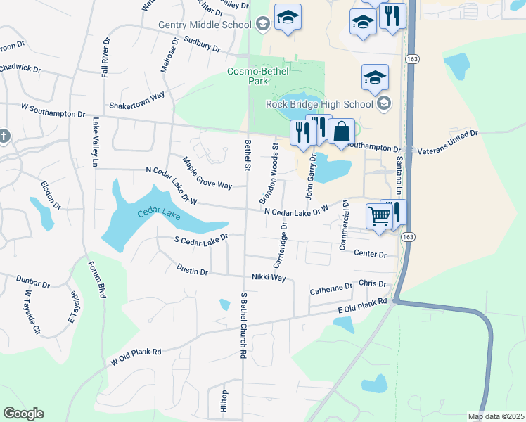 map of restaurants, bars, coffee shops, grocery stores, and more near 96 North Cedar Lake Drive West in Columbia