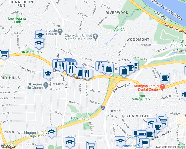 map of restaurants, bars, coffee shops, grocery stores, and more near 2107 North Lincoln Street in Arlington