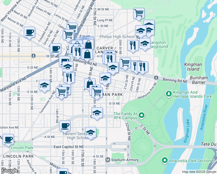 map of restaurants, bars, coffee shops, grocery stores, and more near 101 Independence Avenue Southeast in Washington