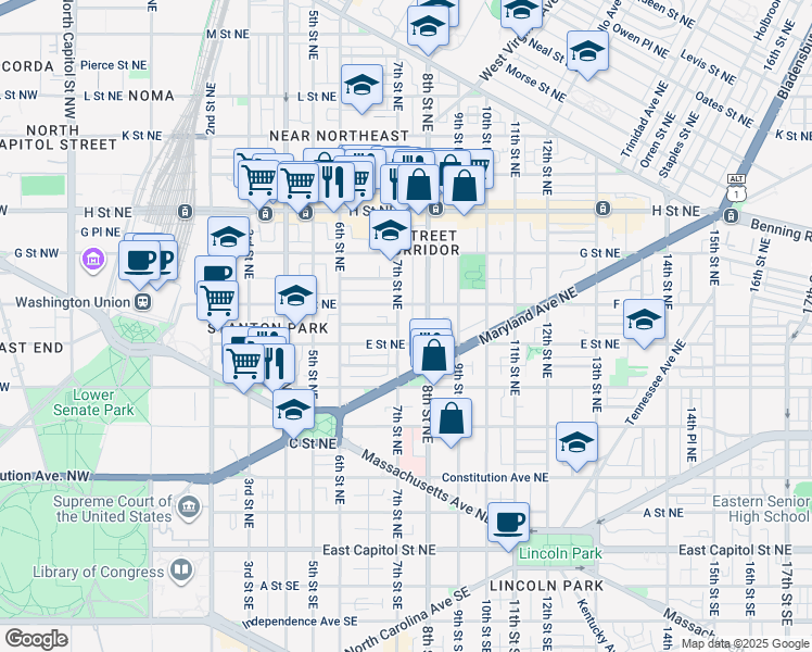 map of restaurants, bars, coffee shops, grocery stores, and more near 101 Independence Avenue Southeast in Washington