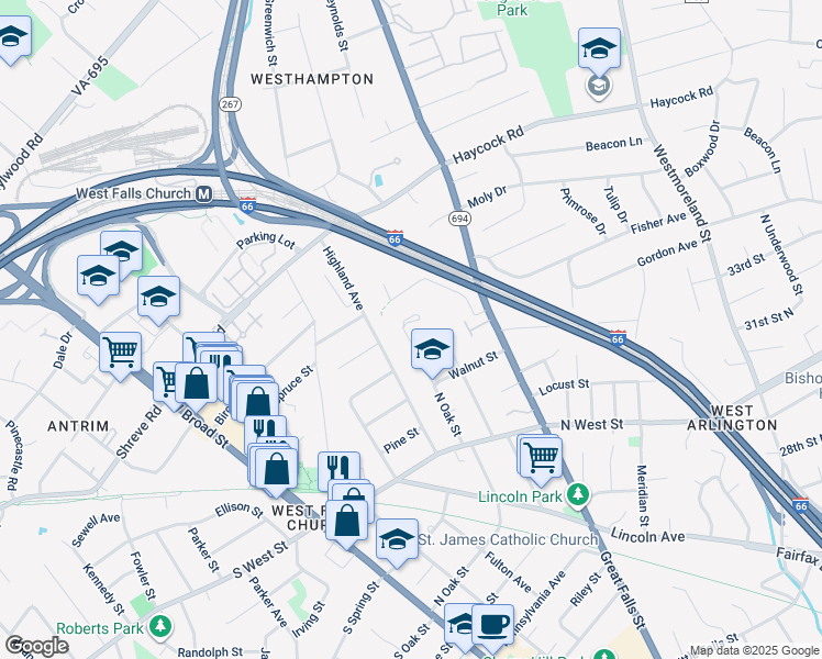 map of restaurants, bars, coffee shops, grocery stores, and more near 2333 North Oak Street in Falls Church