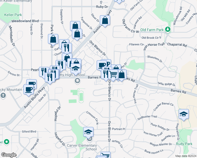 map of restaurants, bars, coffee shops, grocery stores, and more near 4721 Barnes Road in Colorado Springs