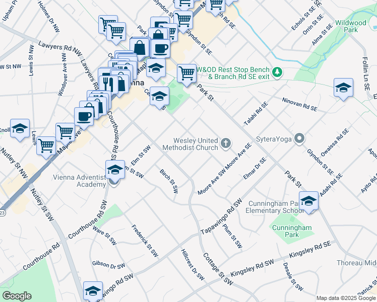 map of restaurants, bars, coffee shops, grocery stores, and more near 111 Dogwood Street Southwest in Vienna