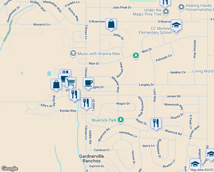 map of restaurants, bars, coffee shops, grocery stores, and more near 1334 Langley Drive in Gardnerville