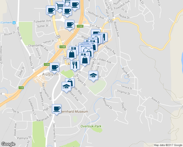 map of restaurants, bars, coffee shops, grocery stores, and more near 199 Orange Street in Auburn
