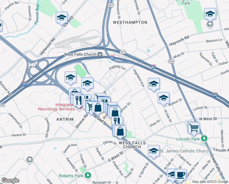 map of restaurants, bars, coffee shops, grocery stores, and more near 7027 Haycock Road in Falls Church