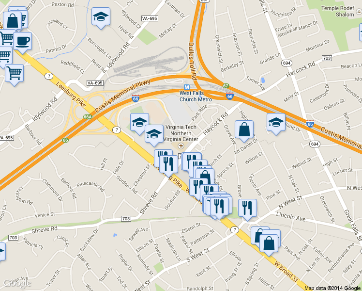 map of restaurants, bars, coffee shops, grocery stores, and more near 7054 Haycock Road in Falls Church