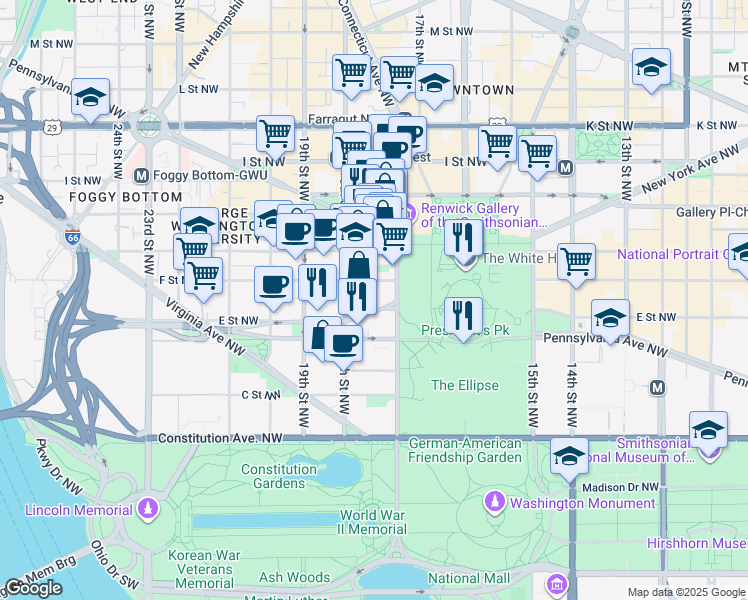 map of restaurants, bars, coffee shops, grocery stores, and more near 1709 New York Avenue Northwest in Washington