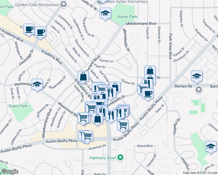 map of restaurants, bars, coffee shops, grocery stores, and more near 3728 Mesa Grande Drive in Colorado Springs