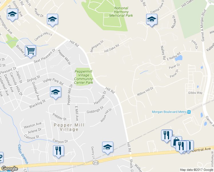 map of restaurants, bars, coffee shops, grocery stores, and more near 501 Hill Road in Hyattsville