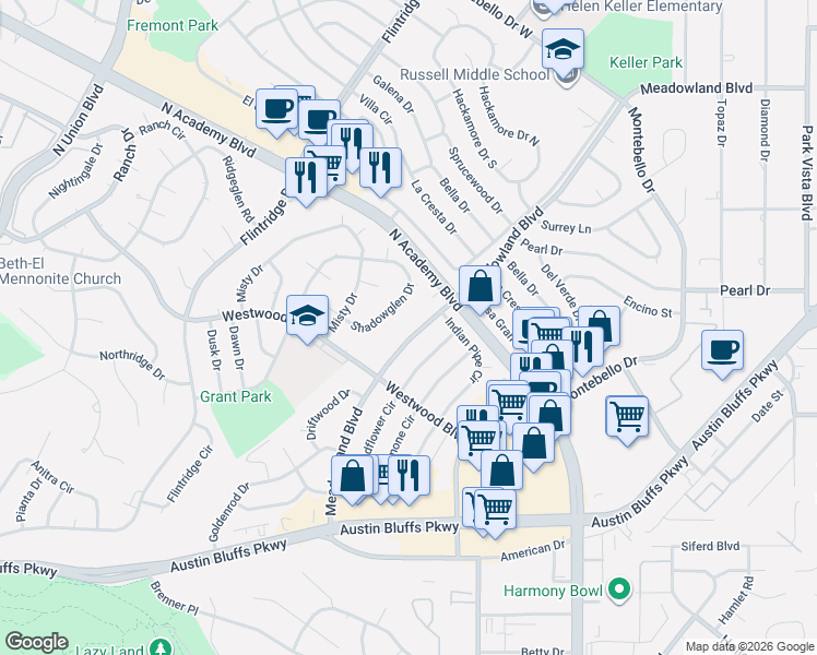 map of restaurants, bars, coffee shops, grocery stores, and more near 3719 Meadowland Boulevard in Colorado Springs