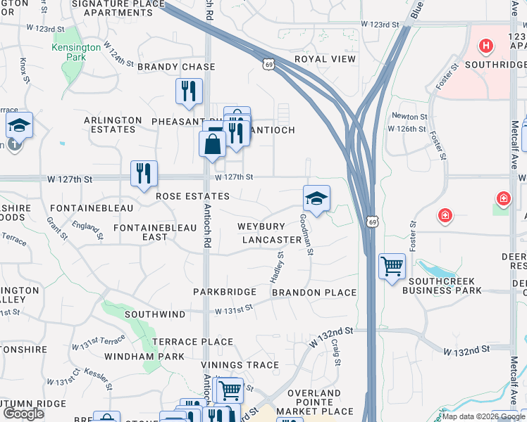map of restaurants, bars, coffee shops, grocery stores, and more near 8502 West 127th Place in Overland Park