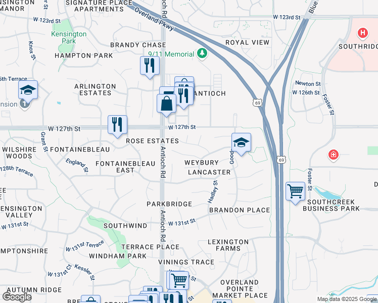 map of restaurants, bars, coffee shops, grocery stores, and more near 8577 West 127th Place in Overland Park