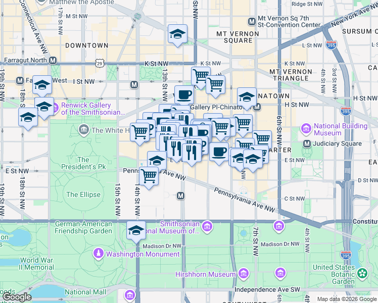 map of restaurants, bars, coffee shops, grocery stores, and more near 555 12th Street Northwest in Washington