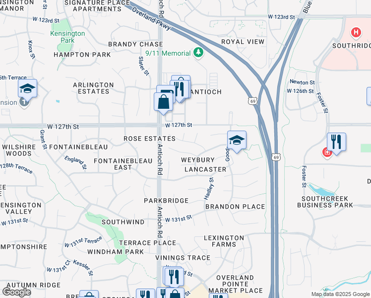 map of restaurants, bars, coffee shops, grocery stores, and more near 8577 West 127th Place in Overland Park