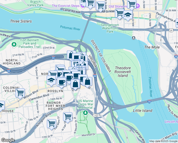 map of restaurants, bars, coffee shops, grocery stores, and more near 1777 North Kent Street in Arlington