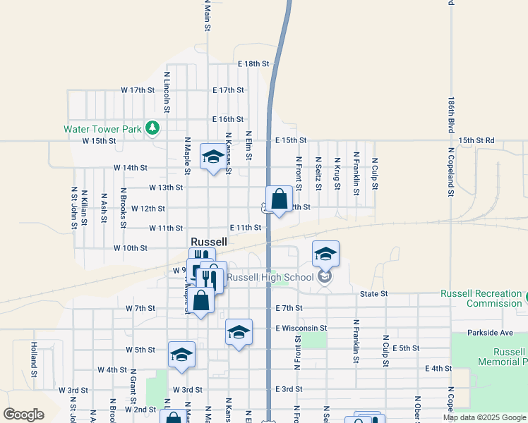 map of restaurants, bars, coffee shops, grocery stores, and more near 1101-1199 North Fossil Street in Russell