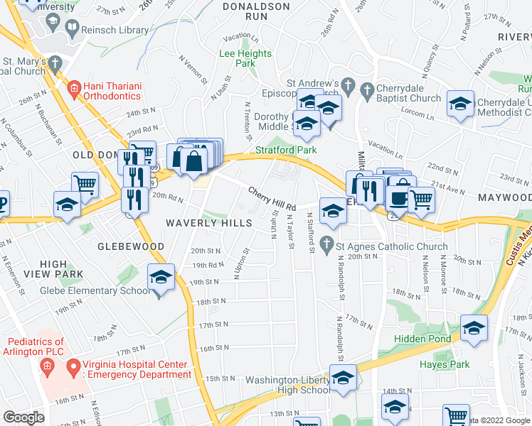 map of restaurants, bars, coffee shops, grocery stores, and more near North Tazewell Court in Arlington