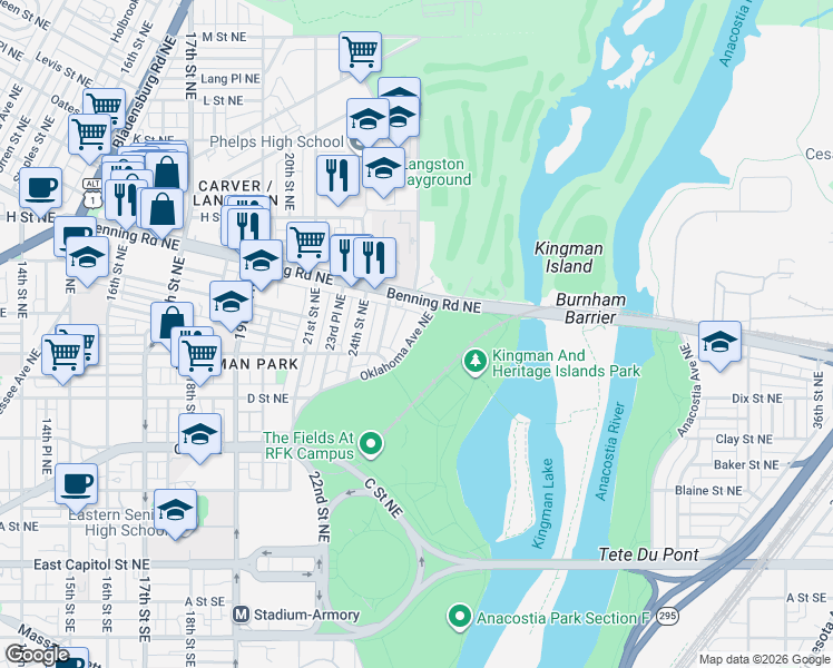 map of restaurants, bars, coffee shops, grocery stores, and more near 1805 Oklahoma Avenue Northeast in Washington