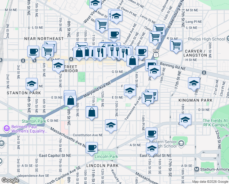 map of restaurants, bars, coffee shops, grocery stores, and more near 524 13th Street Northeast in Washington