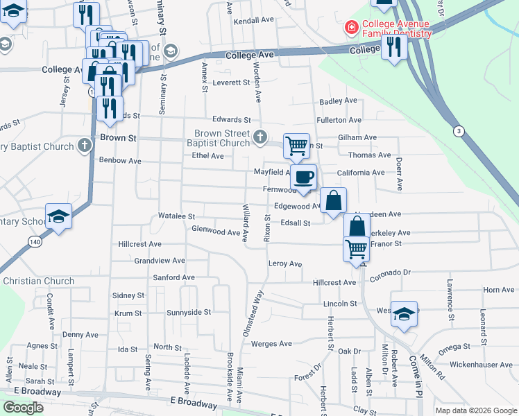 map of restaurants, bars, coffee shops, grocery stores, and more near 3161 Edgewood Avenue in Alton