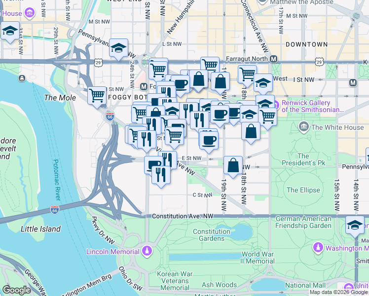 map of restaurants, bars, coffee shops, grocery stores, and more near 101 Independence Avenue Southeast in Washington