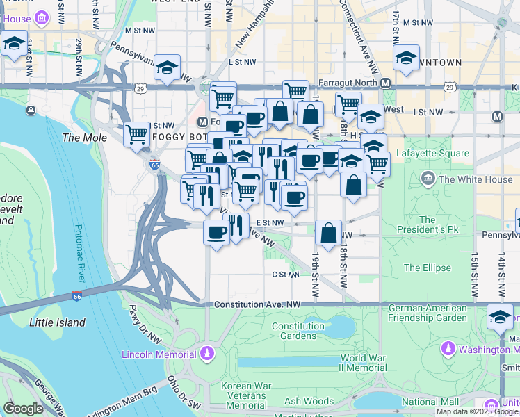 map of restaurants, bars, coffee shops, grocery stores, and more near 522 21st Street Northwest in Washington