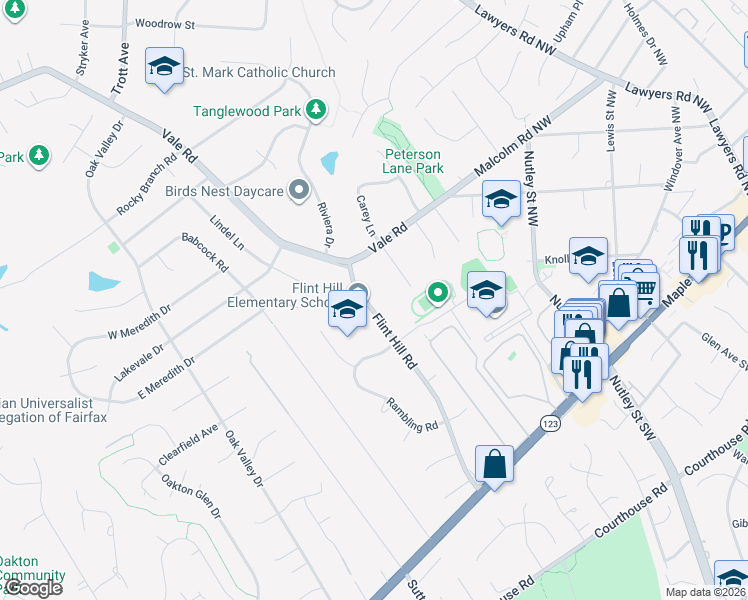 map of restaurants, bars, coffee shops, grocery stores, and more near 2447 Flint Hill Road in Vienna