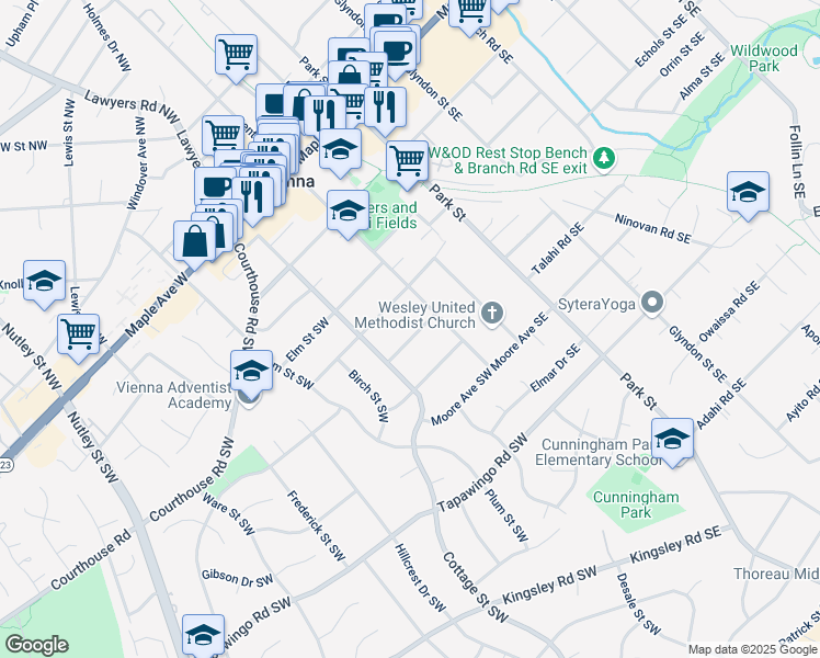 map of restaurants, bars, coffee shops, grocery stores, and more near 111 Dogwood Street Southwest in Vienna
