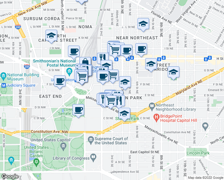 map of restaurants, bars, coffee shops, grocery stores, and more near 3rd St NE & Capitol Ct NE in Washington