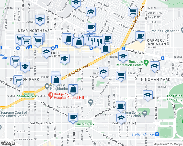 map of restaurants, bars, coffee shops, grocery stores, and more near 101 Independence Avenue Southeast in Washington
