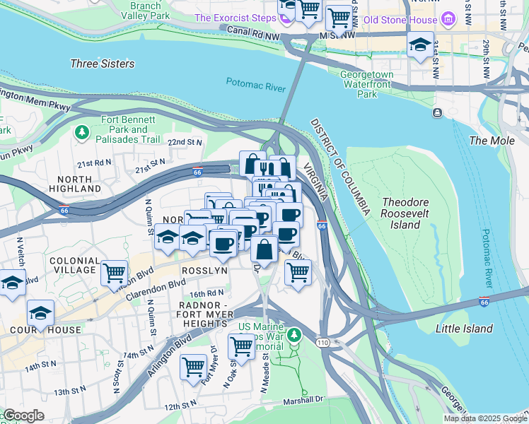 map of restaurants, bars, coffee shops, grocery stores, and more near North Moore Street in Arlington