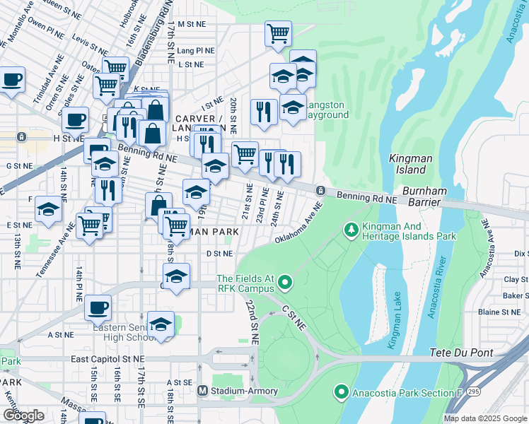 map of restaurants, bars, coffee shops, grocery stores, and more near 523 23rd Place Northeast in Washington