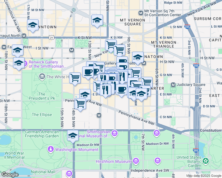 map of restaurants, bars, coffee shops, grocery stores, and more near 555 11th Street Northwest in Washington