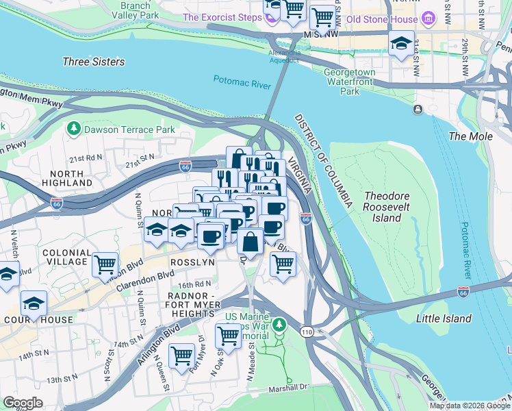 map of restaurants, bars, coffee shops, grocery stores, and more near 1800 North Lynn Street in Arlington