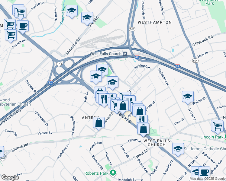 map of restaurants, bars, coffee shops, grocery stores, and more near 255 West Falls Station Boulevard in Falls Church
