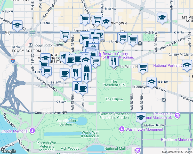 map of restaurants, bars, coffee shops, grocery stores, and more near 1700 New York Avenue Northwest in Washington