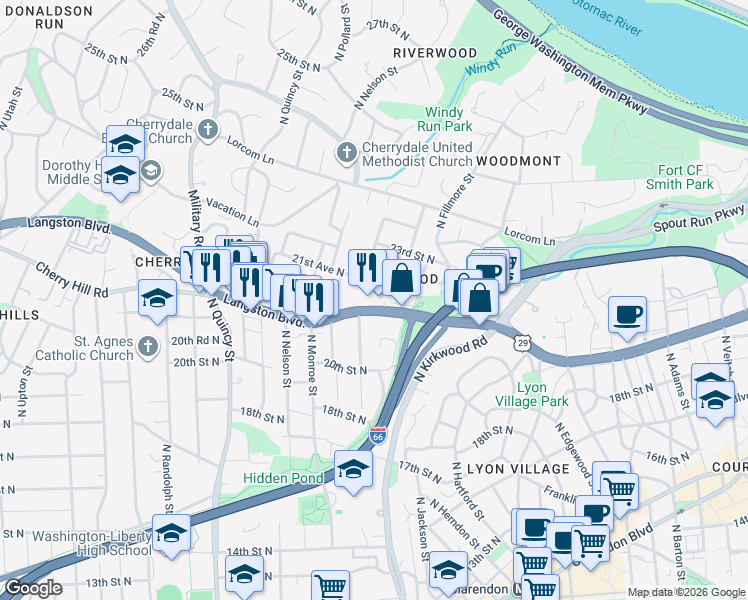 map of restaurants, bars, coffee shops, grocery stores, and more near 3305 Langston Boulevard in Arlington