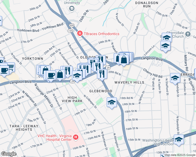 map of restaurants, bars, coffee shops, grocery stores, and more near 4752 21st Road North in Arlington