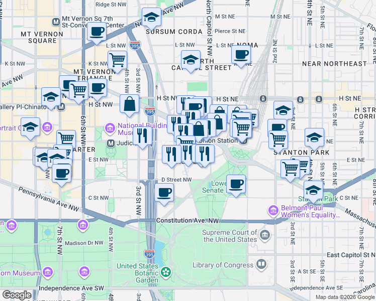 map of restaurants, bars, coffee shops, grocery stores, and more near 525 New Jersey Avenue Northwest in Washington